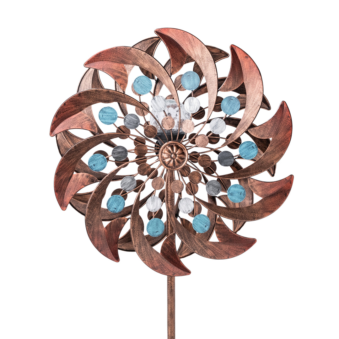 Closeup of the copper blades and aqua beads on the kinetic windmill.