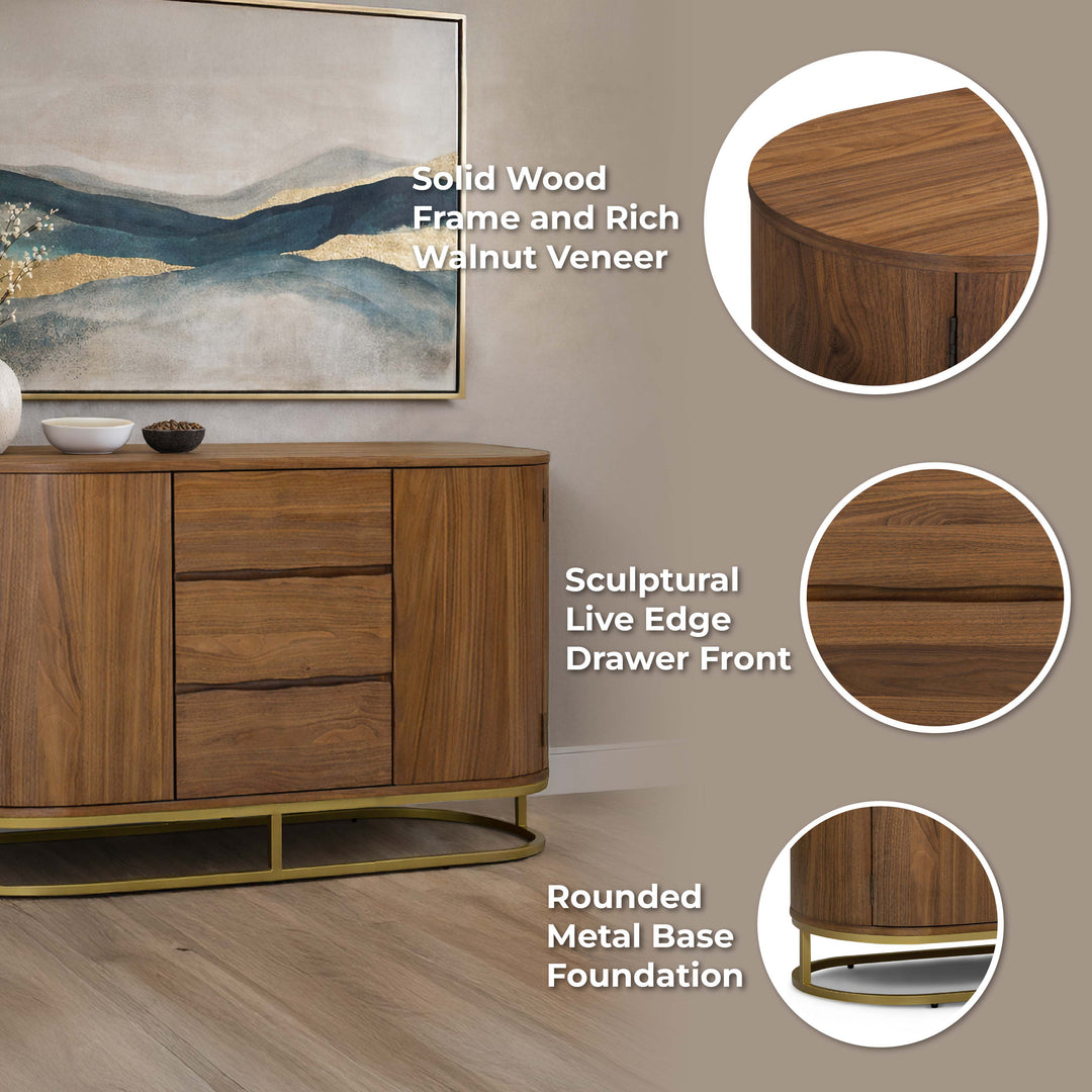 Seneca 55” W Walnut Veneer Sideboard with Spacious Storage and Brass Gold Metal Base by Teamson Home