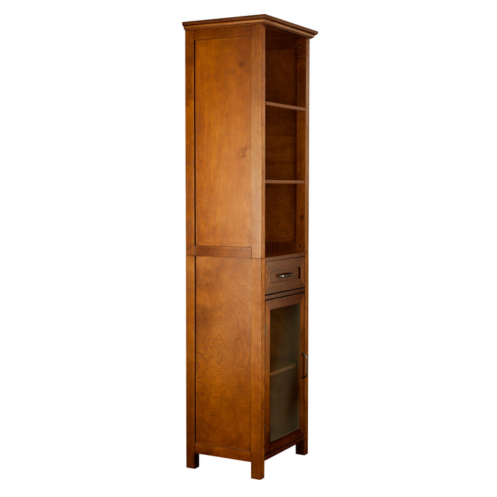 Teamson Home Avery 65-Inch Tall Freestanding Linen Tower with Open Shelves, Storage Drawer, Tempered Glass Door, Adjustable Shelf, Crown-Molded Top, Antique Brass Handles and Oiled Oak Veneer Finish