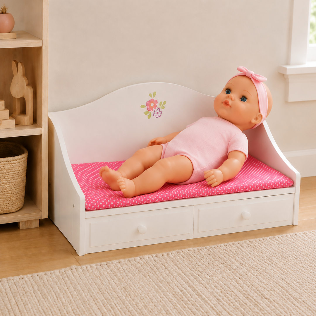 Olivia's Little World Doll Trundle Bed with Pink Bedding for 18" Dolls, White Doll Furniture with 2 interchangeable cushions (White and Polka Dot) Sliding Drawer for Expandable Bed and Pretend Play