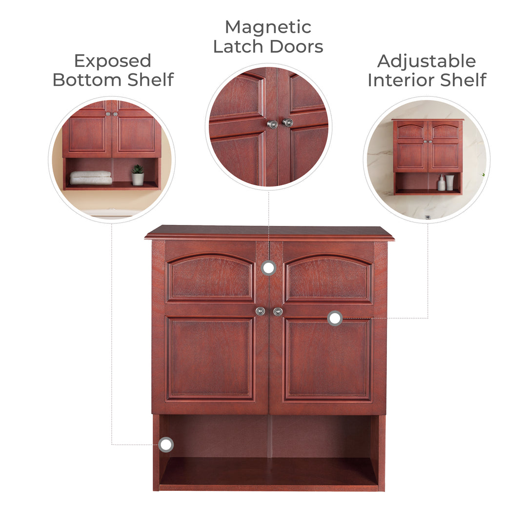 The cabinet is shown with features including an exposed bottom shelf, magnetic latch doors, and adjustable interior shelf.