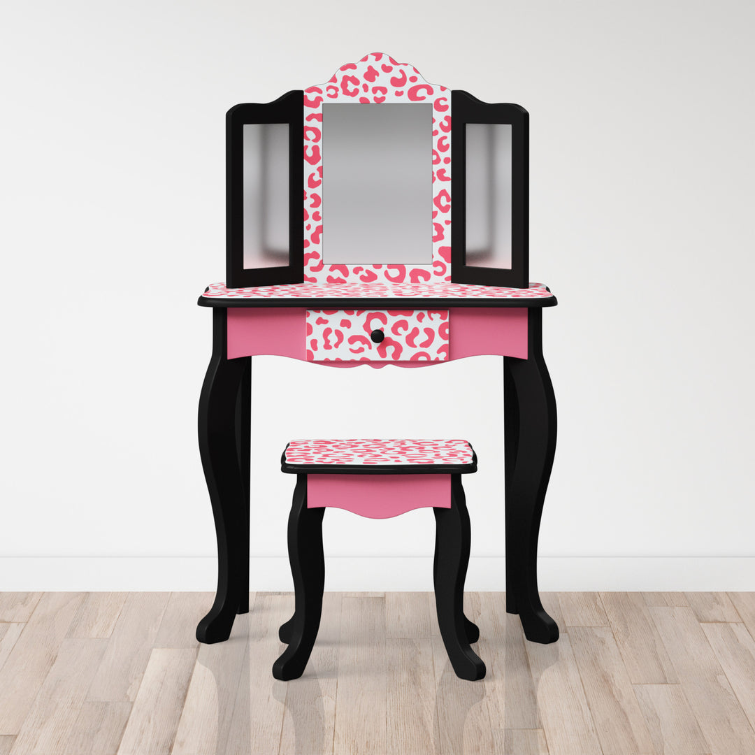 A kids vanity set with a black finish and pink and white cheetah print accents