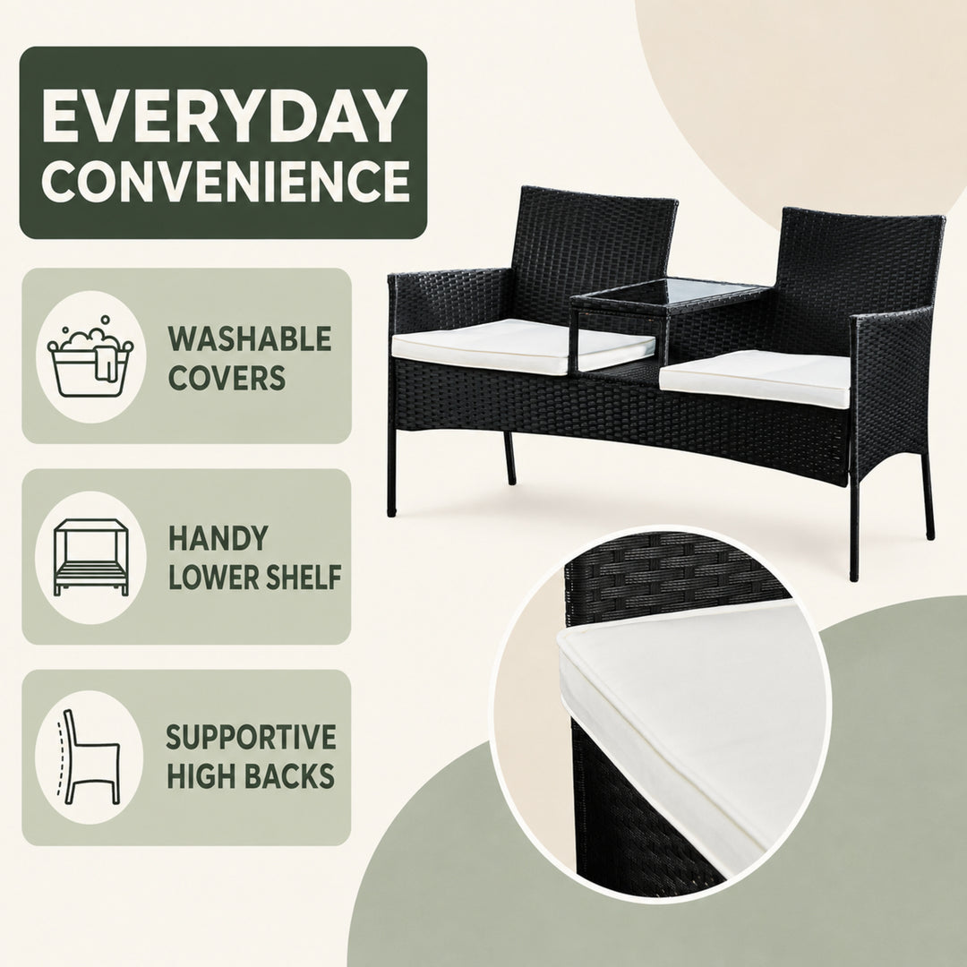 Teamson Outdoor Wicker Loveseat, 2 Seats, Built-In Glass Table, Washable Cushions, Black Rattan, UV-Resistant Steel Frame, Lower Shelf, Compact Patio Seating for Gardens, Porches, Decks & Patios