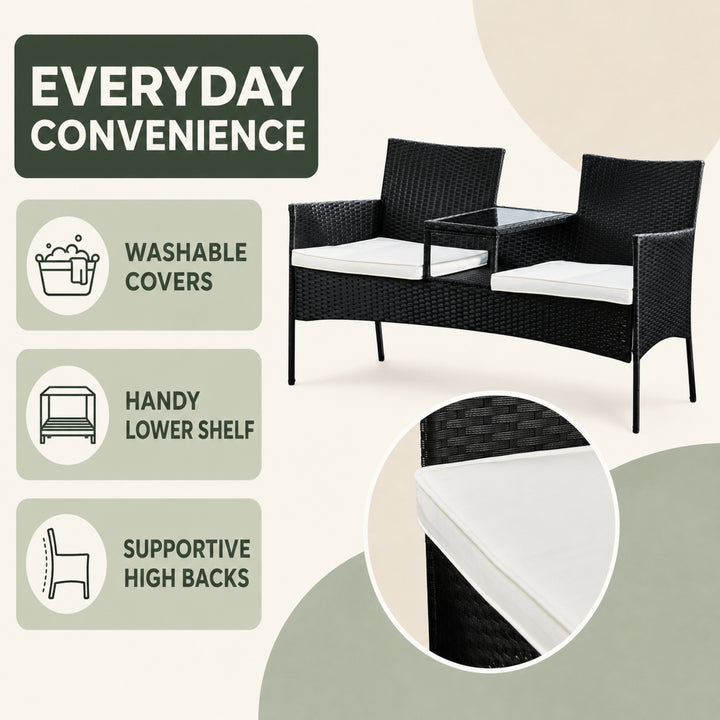 Teamson Outdoor Wicker Loveseat, 2 Seats, Built-In Glass Table, Washable Cushions, Black Rattan, UV-Resistant Steel Frame, Lower Shelf, Compact Patio Seating for Gardens, Porches, Decks & Patios
