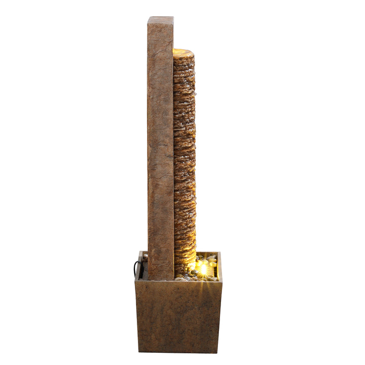 Teamson Home Framed Layered Rock Design Patio Water Fountain–Warm Glow Lighting with Steady Flow & Electric Pump, Brown
