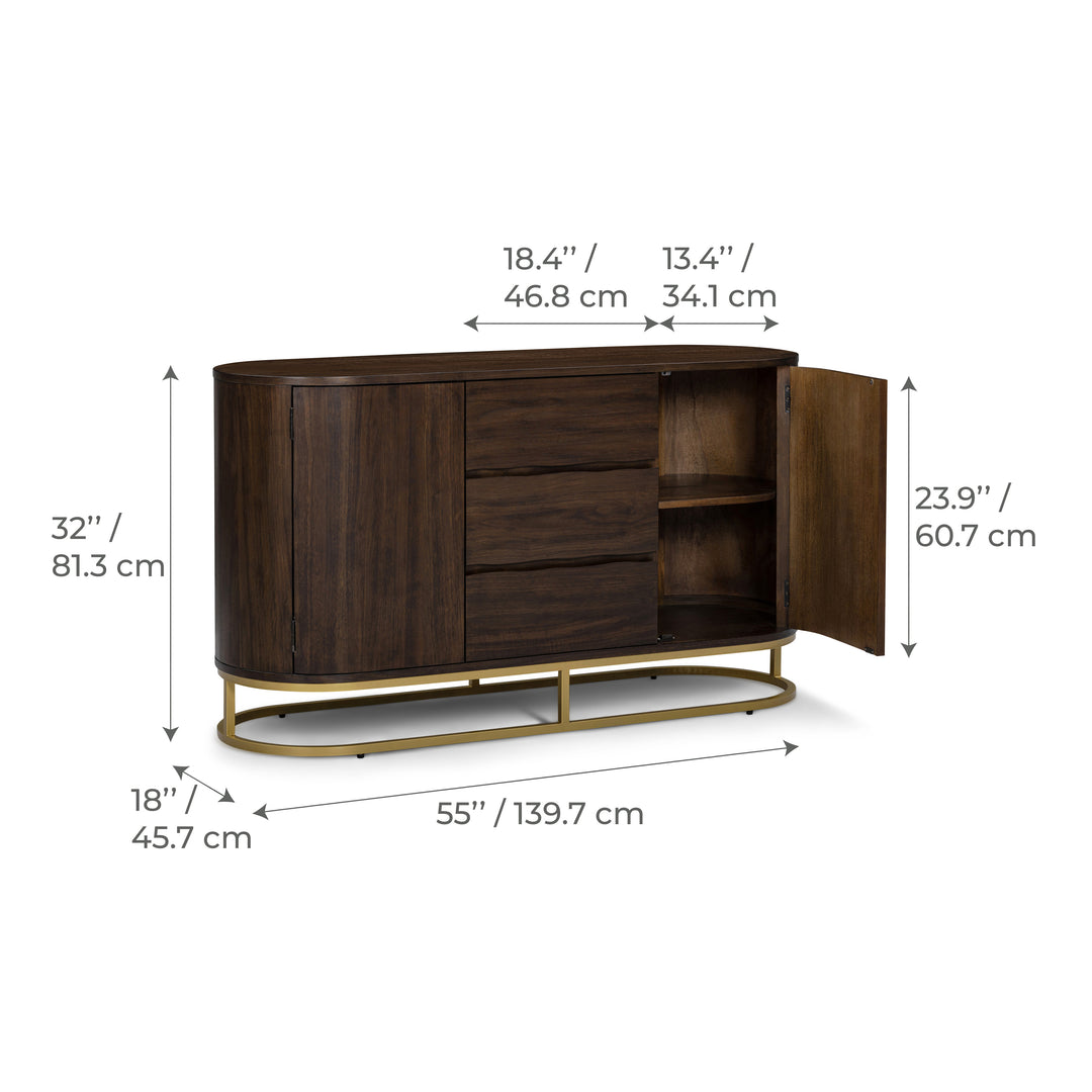 Seneca 55” W Walnut Veneer Sideboard with Spacious Storage and Brass Gold Metal Base by Teamson Home