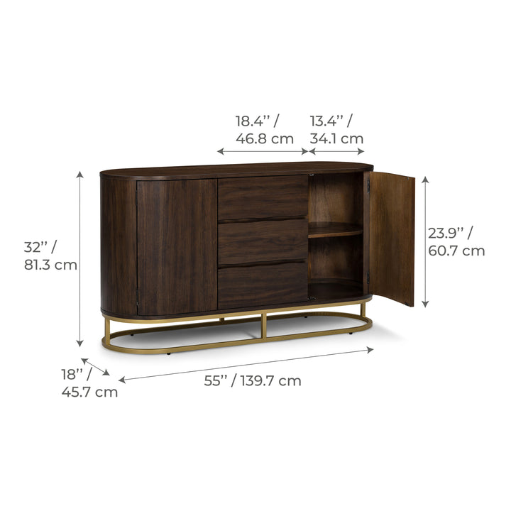 Seneca 55” W Walnut Veneer Sideboard with Spacious Storage and Brass Gold Metal Base by Teamson Home