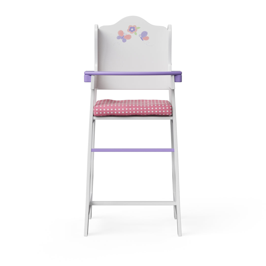 Pretend highchair for dolls, white with pink gingham cushion and purple tray