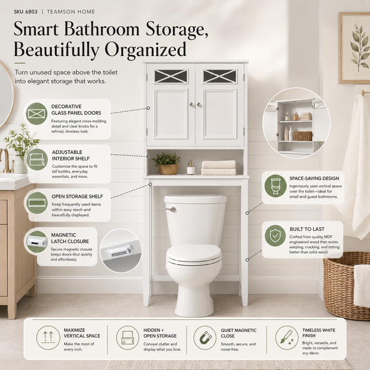 Teamson Home Dawson Two-Door Over-the-Toilet Cabinet with Decorative Glass Panels, White