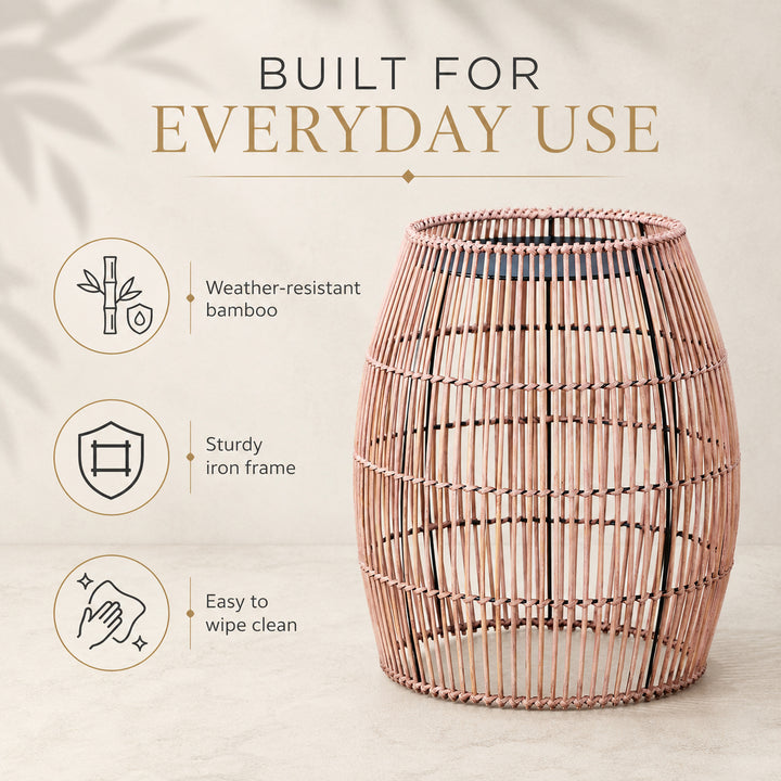 Teamson Bamboo Outdoor Side Table with Black Iron Frame, Round Boho Accent End Table, Weather-Resistant Design for Patio, Balcony, Garden, Porch & Indoor Living Spaces