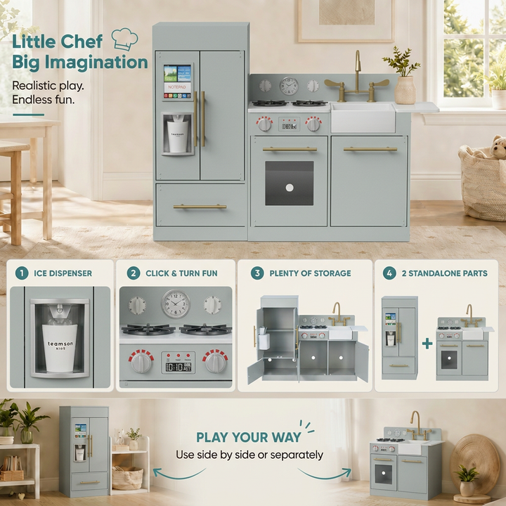 Teamson Kids Little Chef Charlotte Modular Play Kitchen Set with Realistic Stove, Sink, and Refrigerator, Kids Kitchen Playset for Toddlers Ages 3–7, Toy Cooking Set, Gray/Gold