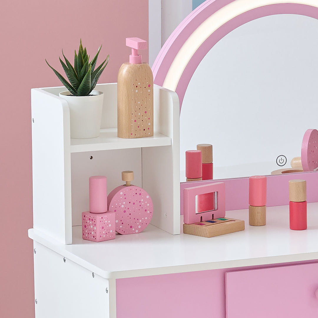 Rosé Shine Wooden 2-in-1 Play Vanity & Desk with LED Mirror for Pretend Play by Teamson Kids