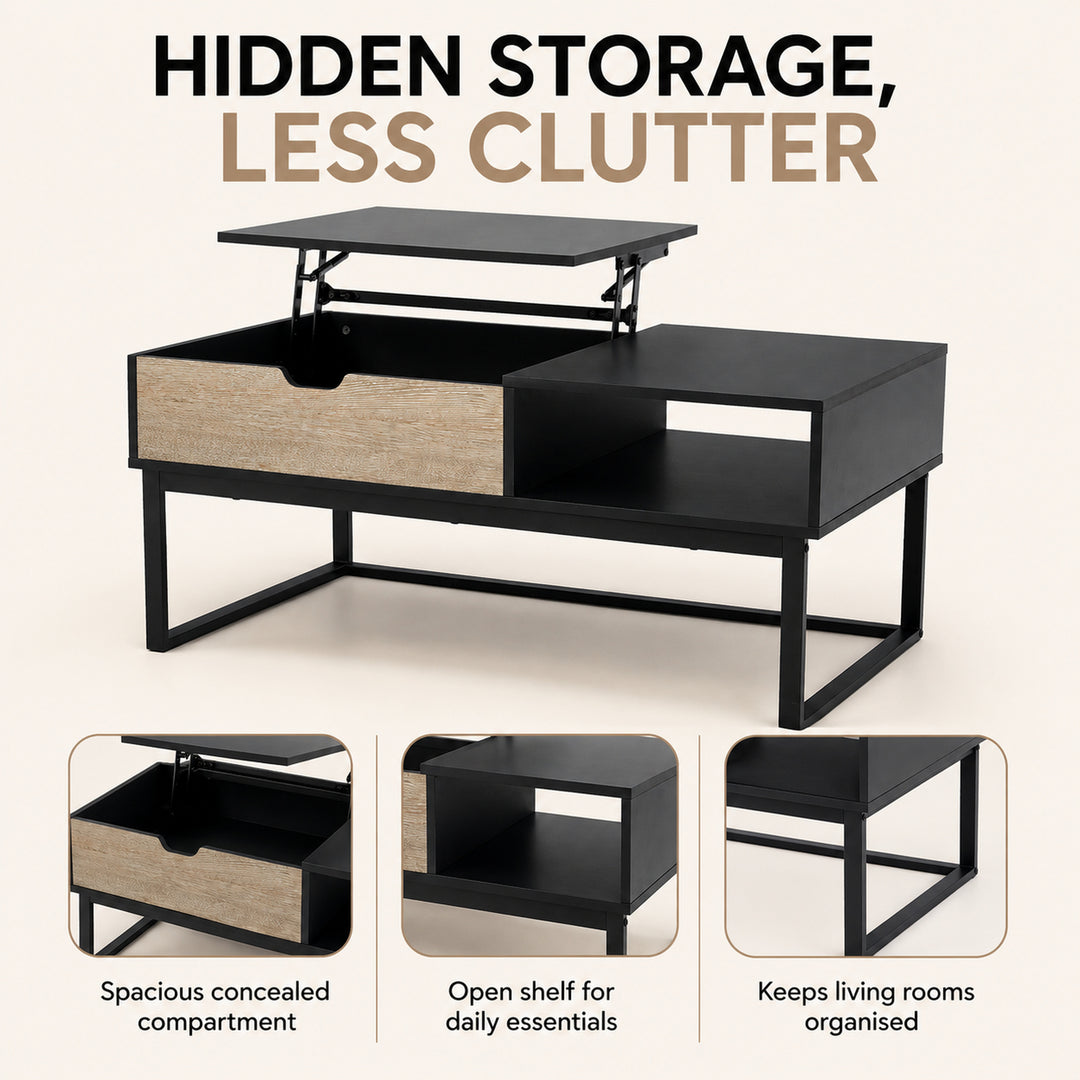 Teamson Lift Top Coffee Table with Hidden Storage Compartment, Wood Grain Finish, Sturdy Metal Frame, Farmhouse Cocktail Table for Living Room, Home Office & Small Spaces