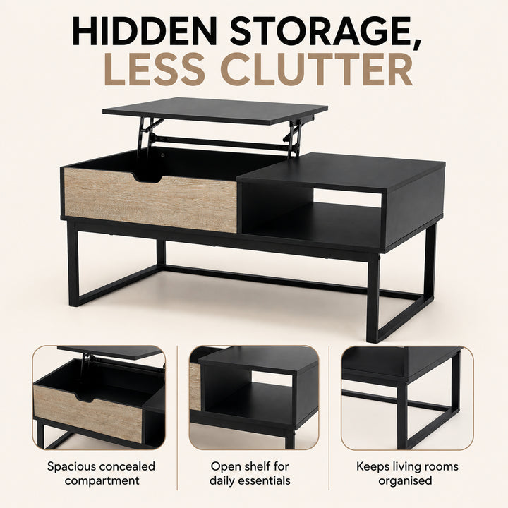 Teamson Lift Top Coffee Table with Hidden Storage Compartment, Wood Grain Finish, Sturdy Metal Frame, Farmhouse Cocktail Table for Living Room, Home Office & Small Spaces