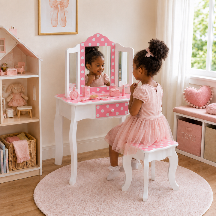 Teamson Kids Gisele Polka Dot Wooden Play Vanity Set with Tri-Fold Mirror, Storage Drawer, Matching Stool, Kids Makeup Table and Chair for Dress-Up Pretend Play, Ages 3+, Pink & White