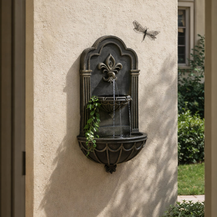 Fleur-de-lis Outdoor Water Fountain with Warm Glow Lighting