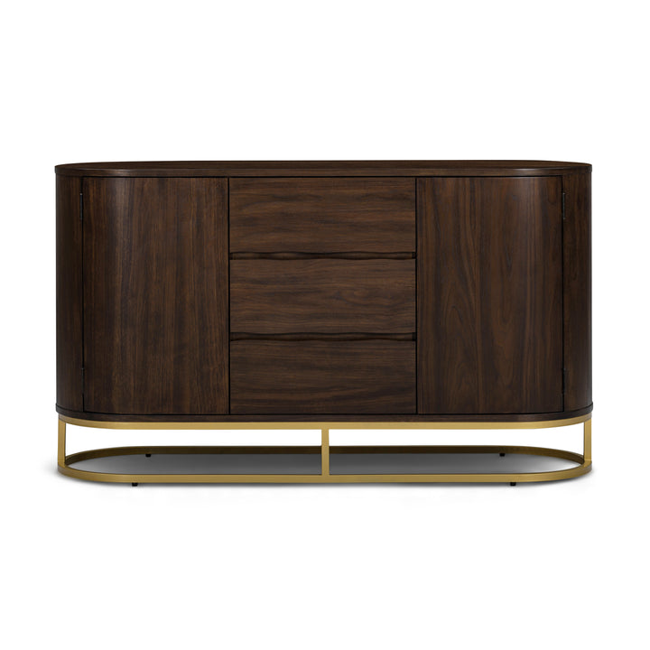 Seneca 55” W Walnut Veneer Sideboard with Spacious Storage and Brass Gold Metal Base by Teamson Home