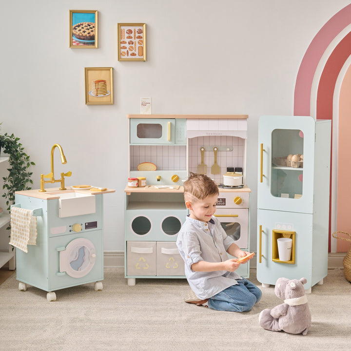 3-Pcs Wooden Play Kitchen with 21 Accessories, Green - Little Chef Savannah by Teamson Kids