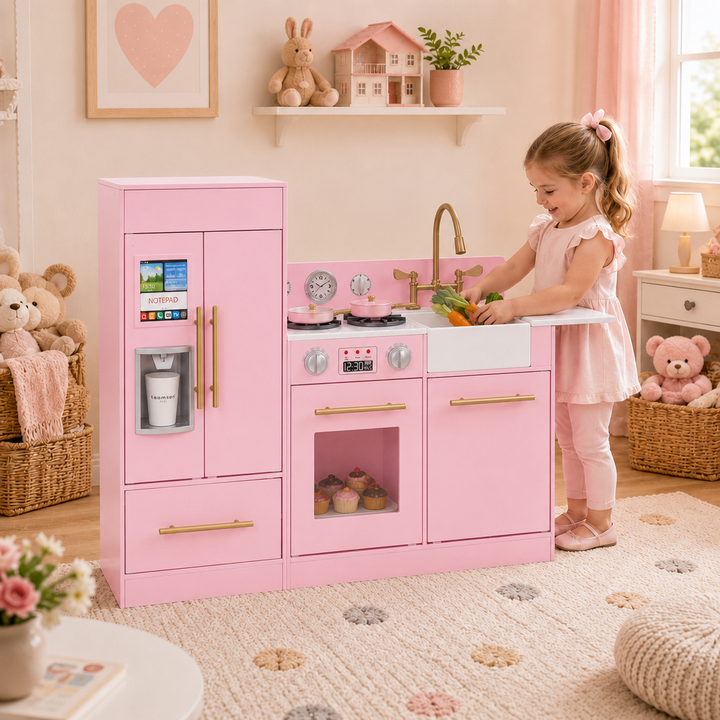 Teamson Kids Little Chef Charlotte Modular Play Kitchen Set with Realistic Stove, Sink, and Refrigerator, Kids Kitchen Playset for Toddlers Ages 3–7, Toy Cooking Set, Pink/Gold