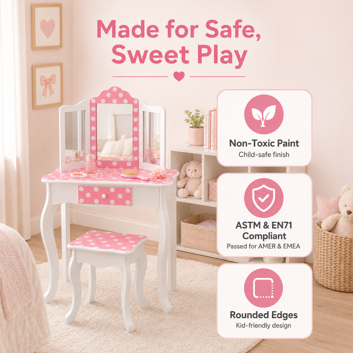 Teamson Kids Gisele Polka Dot Wooden Play Vanity Set with Tri-Fold Mirror, Storage Drawer, Matching Stool, Kids Makeup Table and Chair for Dress-Up Pretend Play, Ages 3+, Pink & White
