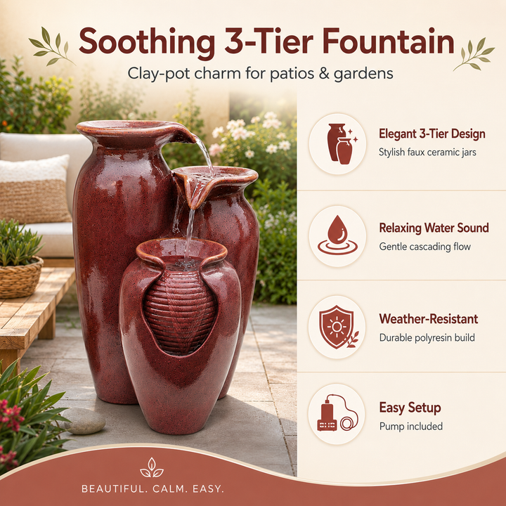Teamson Home 20.47 in. 3-Tier Cascading Jar Outdoor Water Fountain, Ceramic-Look Weatherproof Rust-Resistant Polyresin, Adjustable Pump, 1.32-Gal Capacity, 72.04 in. Cord, Red, Patio Decor
