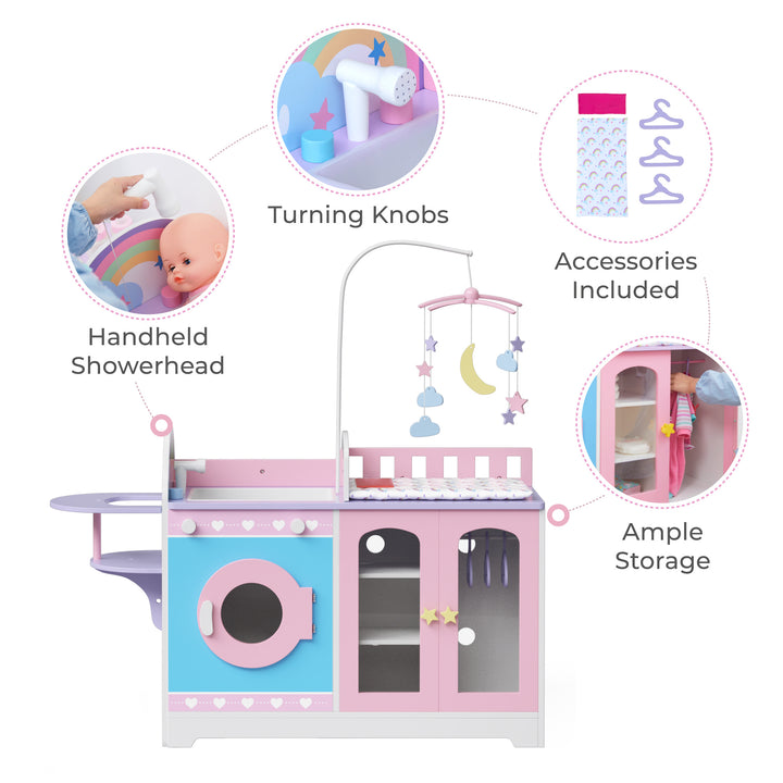 An infographic for a baby doll changing station with a showerhead, turning knobs, accessories and storage