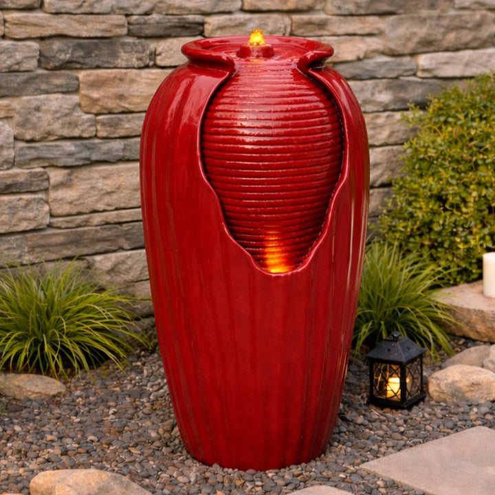 Teamson Home 32'' Glazed Red Outdoor Water Fountain - Outdoor Décor Freestanding Floor Feature with Built-In LED Light, Glossy Red