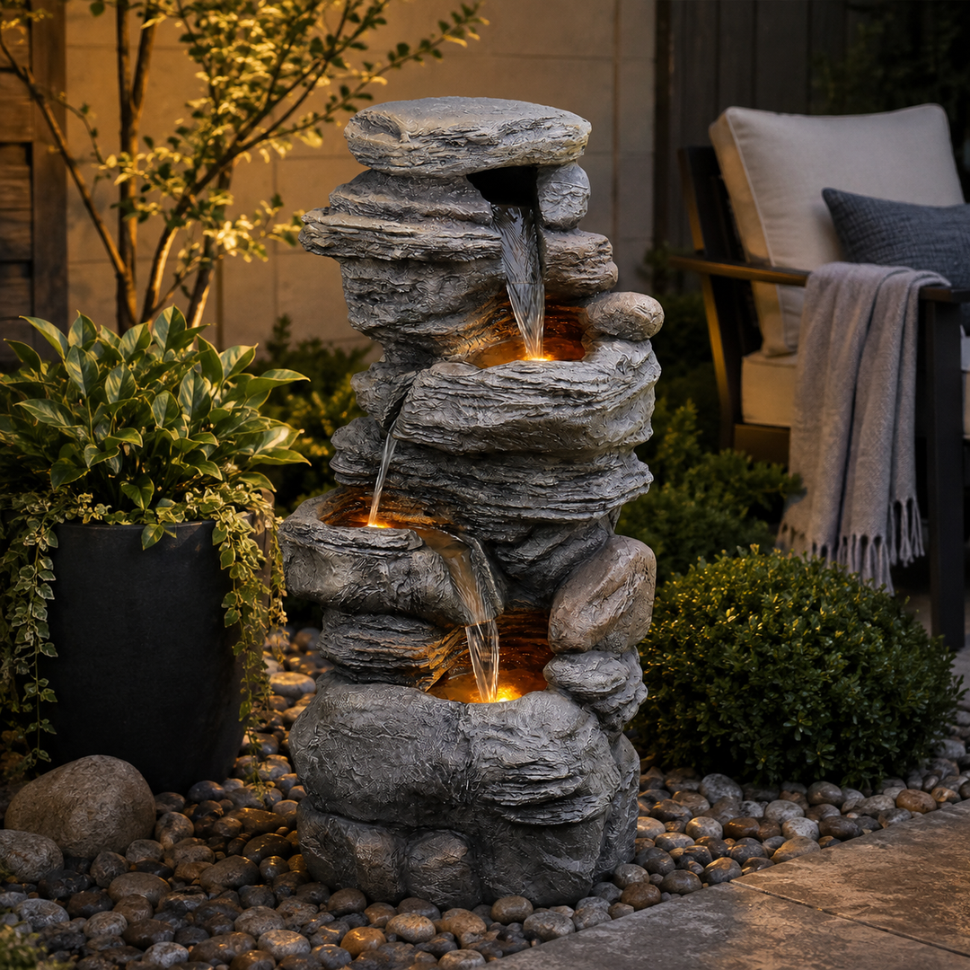 Teamson Home 39.37-Inch Tall Outdoor Water Fountain, 4-Tier Faux Stacked Stone Waterfall with 3 Warm LED Lights, Adjustable 600 L/H Pump, 6.6-Gallon Capacity, Weatherproof Polyresin, Gray