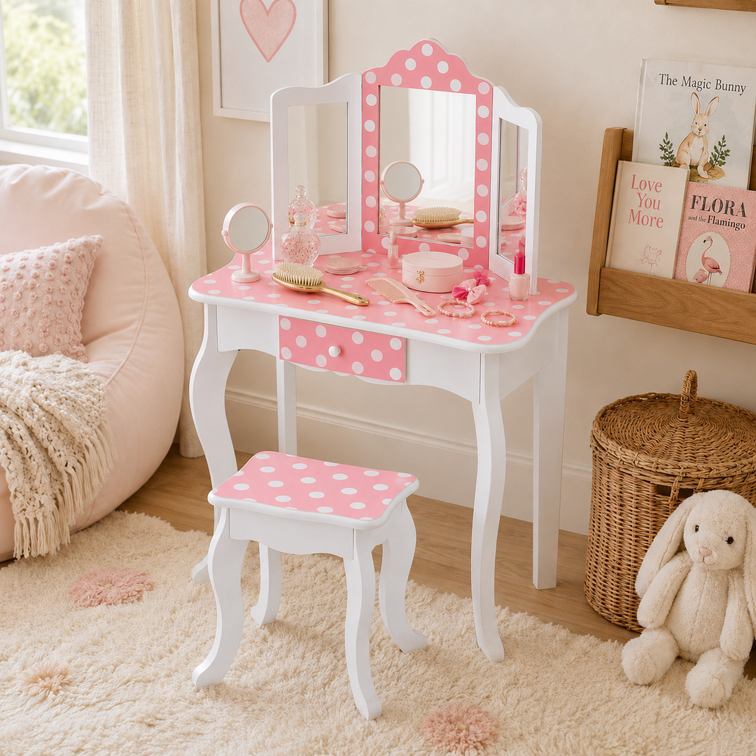 Teamson Kids Gisele Polka Dot Wooden Play Vanity Set with Tri-Fold Mirror, Storage Drawer, Matching Stool, Kids Makeup Table and Chair for Dress-Up Pretend Play, Ages 3+, Pink & White