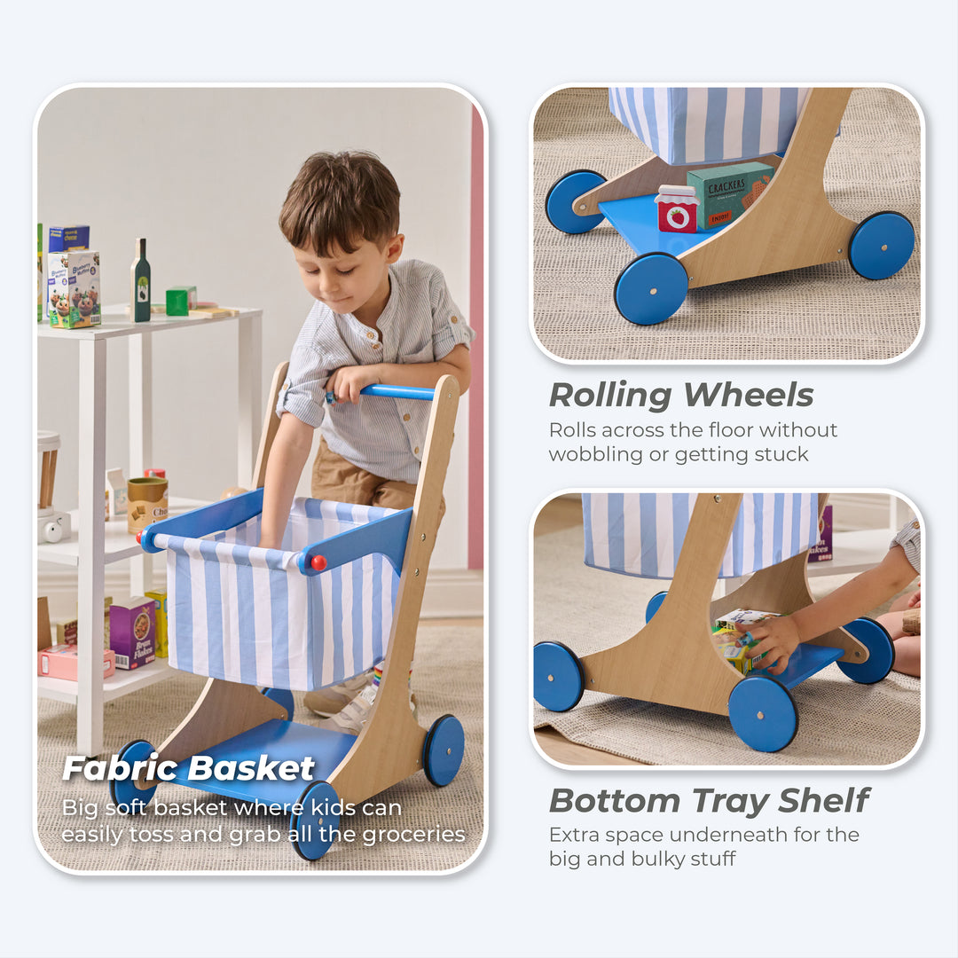 Wooden Grocery Cart Toy with 13 Accessories, Blue – Little Helper Mr. Fresh by Teamson Kids