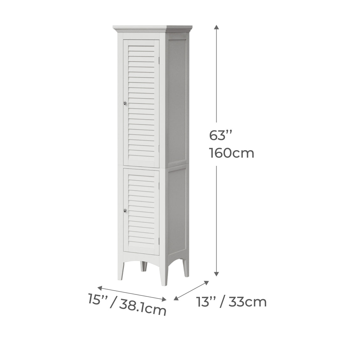 Dimensional graphic for a tall white linen cabinet in inches and centimeters