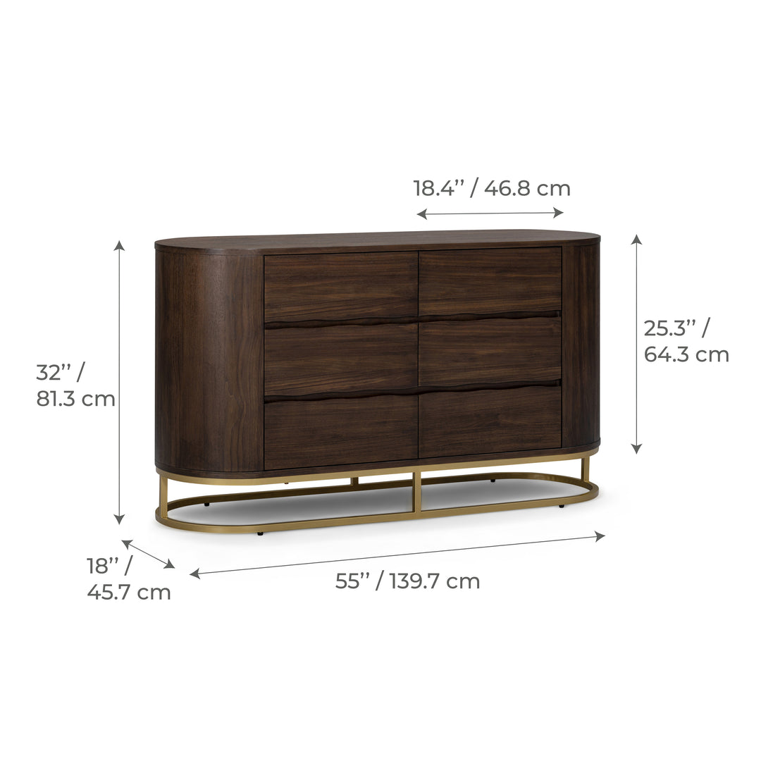 Seneca 55” W Walnut Veneer 6-Drawer Dresser Storage with Metal Base by Teamson Home