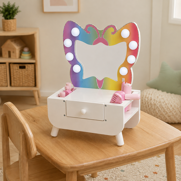 Teamson Kids Butterfly Light-Up Tabletop Kids Vanity Set with 6 Accessories, White and Pink, Butterfly LED Light-up Mirror, Shatterproof mirror for Safer Play, Includes Pretend Dress Up Pieces