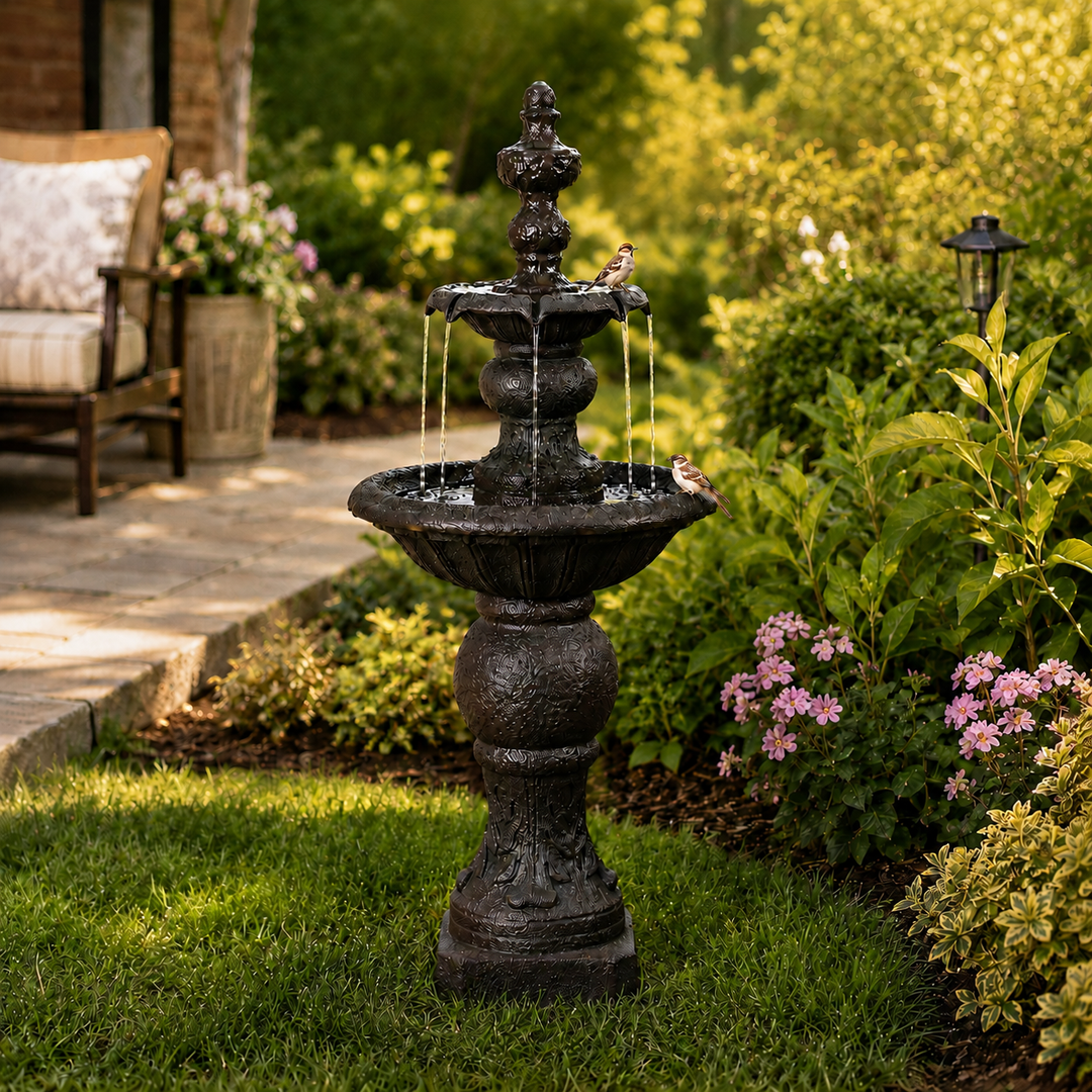 2-Tier Classic Pedestal Outdoor Water Fountain with Shallow Basin