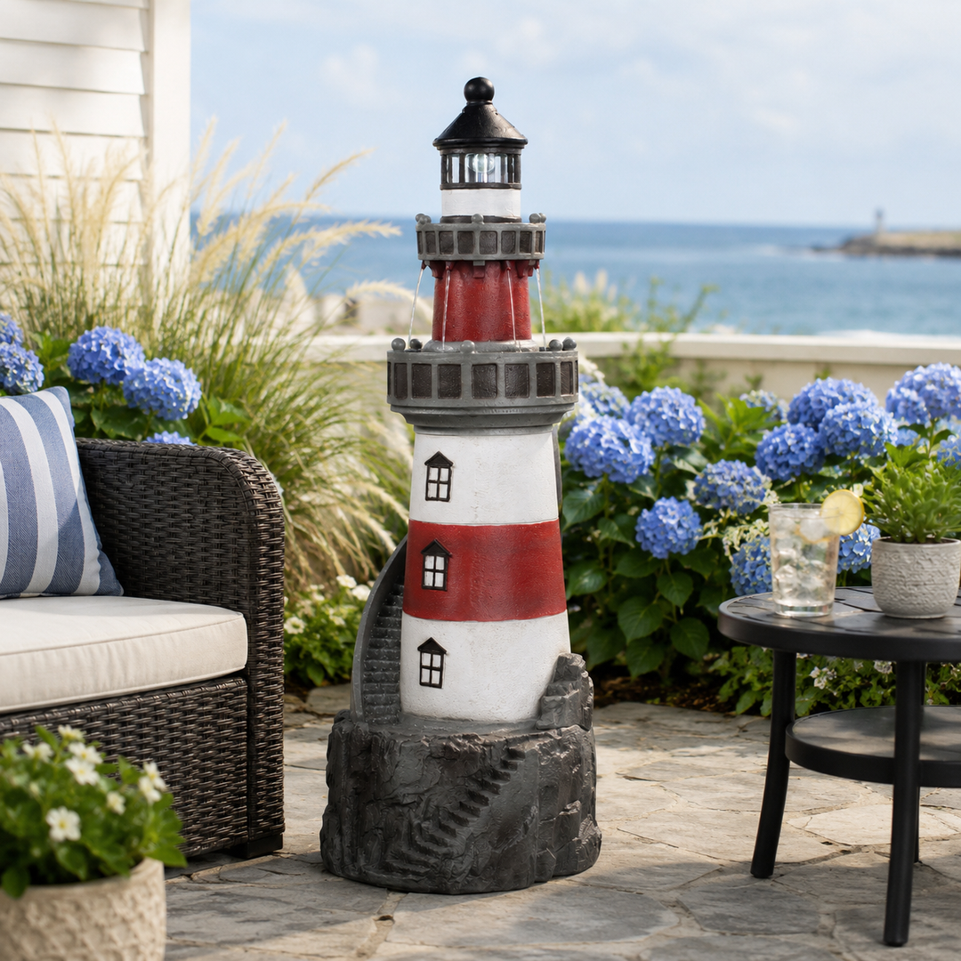 Teamson Home 38.98" Outdoor Lighthouse Solar Water Fountain, Red & White
