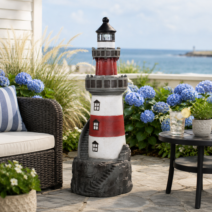 Teamson Home 38.98" Outdoor Lighthouse Solar Water Fountain, Red & White