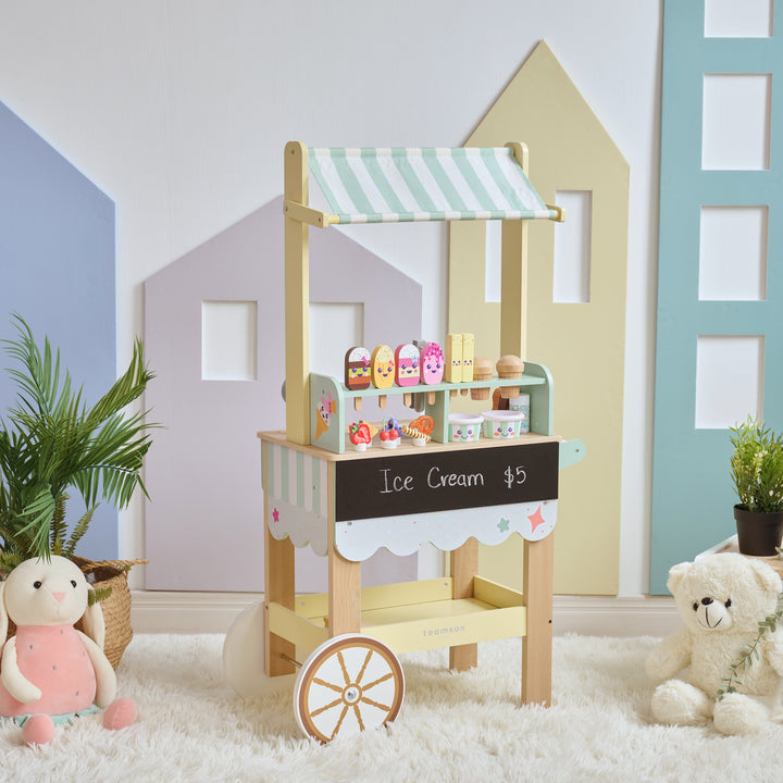 Jolly Pals Wooden Ice Cream Stand with 32 Play Food Pieces for Pretend Play by Teamson Kids