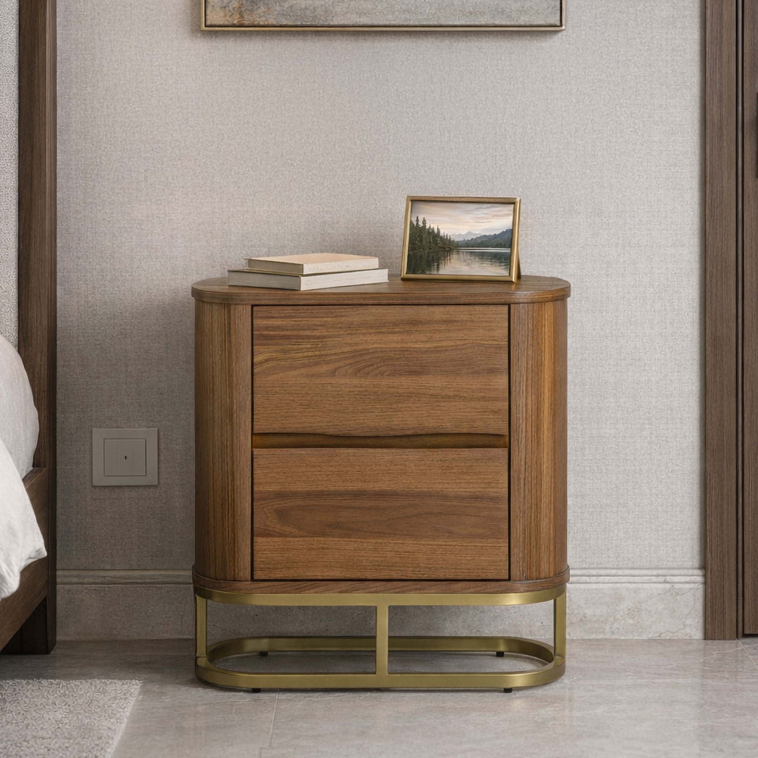 Seneca 23.5” W Walnut Veneer 2-Drawer Nightstand Bedside Storage with Metal Base by Teamson Home