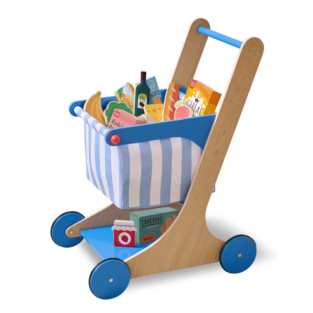Wooden Grocery Cart Toy with 13 Accessories, Blue – Little Helper Mr. Fresh by Teamson Kids