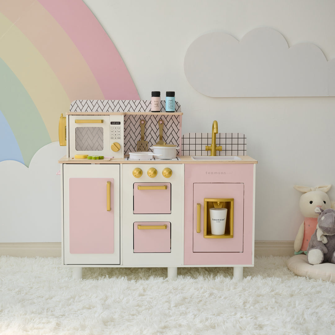 Wooden Play Kitchen with 17 Accessories, Pink - Little Chef Hampton by Teamson Kids