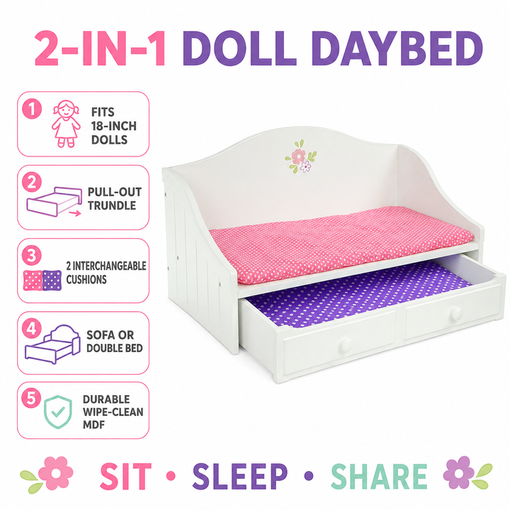 Olivia's Little World Doll Trundle Bed with Pink Bedding for 18" Dolls, White Doll Furniture with 2 interchangeable cushions (White and Polka Dot) Sliding Drawer for Expandable Bed and Pretend Play