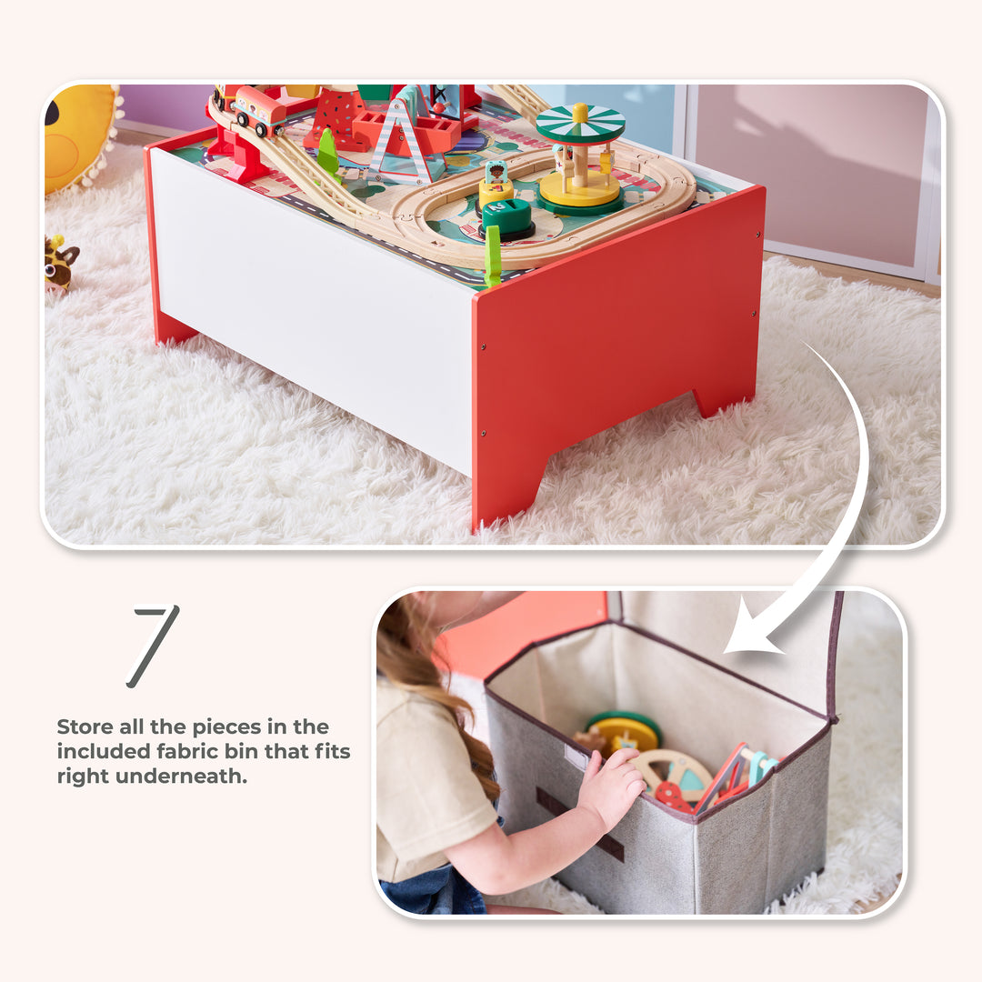 Teamson Kids Florida Wooden Amusement Park Activity Table with 5 Moving Rides, Train Track, 6 Games, 39 Play Pieces, Storage Bin, Rearrangeable Layout, Fine Motor Play, Ages 3+, Red