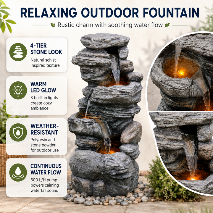 Teamson Home 39.37-Inch Tall Outdoor Water Fountain, 4-Tier Faux Stacked Stone Waterfall with 3 Warm LED Lights, Adjustable 600 L/H Pump, 6.6-Gallon Capacity, Weatherproof Polyresin, Gray