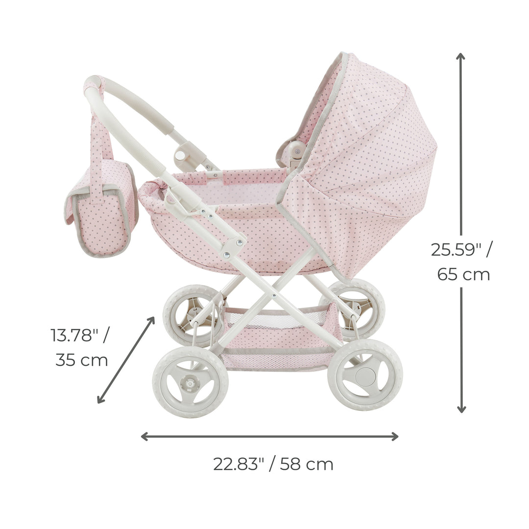 A dimensional graphic of a child's bassinet style buggy in inches and centimeters