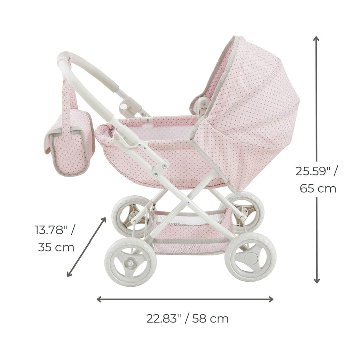 A dimensional graphic of a child's bassinet style buggy in inches and centimeters