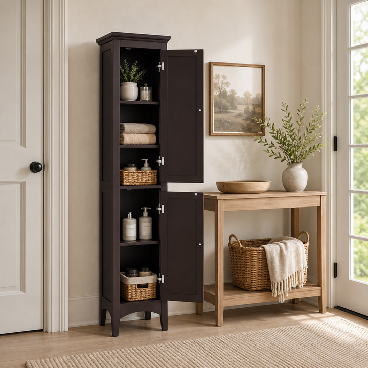 Teamson Home Glancy Wooden Bathroom Storage, Tall Narrow Freestanding Floor Cabinet with Louvered Doors, Interior Shelves, Anti-Tip Kit, for Bathroom, Living Room, Hallway, Espresso / Dark Brown