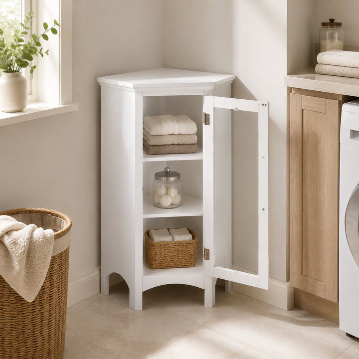 Teamson Home Madison Corner Floor Cabinet with 2 Adjustable Shelves, Glass Door, White Engineered Wood, 32in Freestanding Bathroom Storage for Small Spaces, Living Room, Bedroom or Entryway