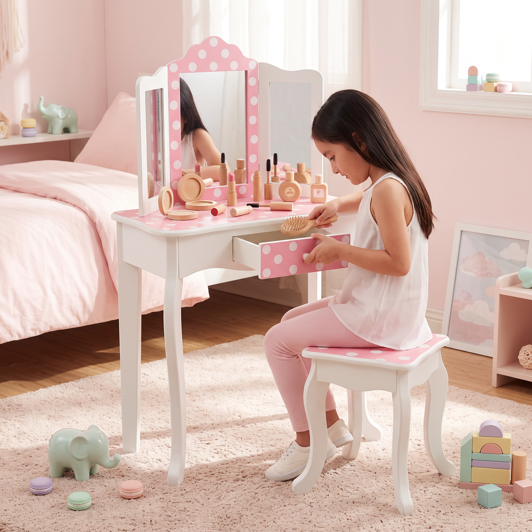 Teamson Kids Gisele Polka Dot Wooden Play Vanity Set with Tri-Fold Mirror, Storage Drawer, Matching Stool, Kids Makeup Table and Chair for Dress-Up Pretend Play, Ages 3+, Pink & White