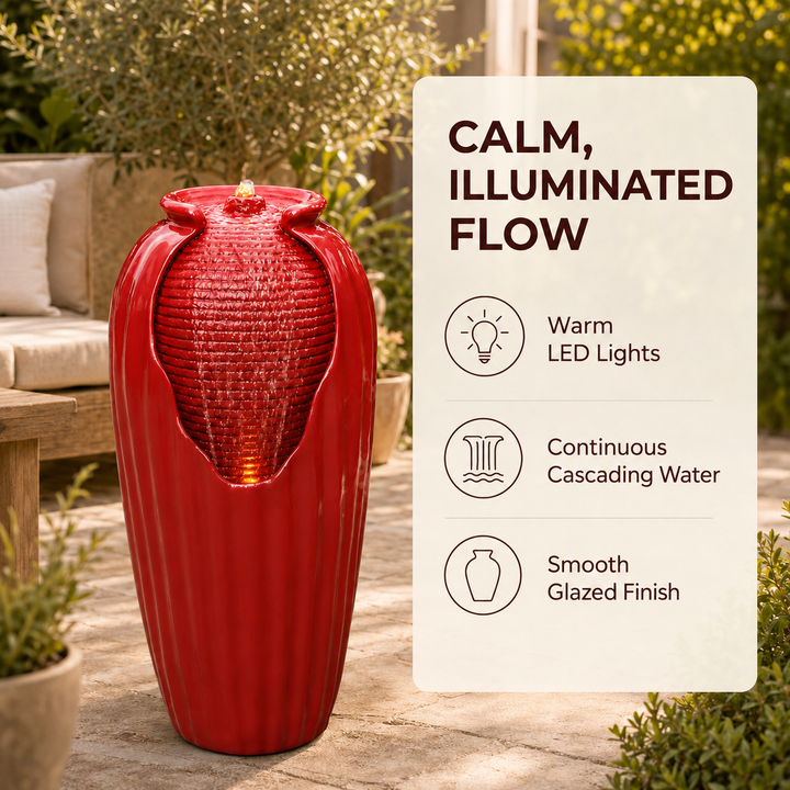 Teamson Home 32'' Glazed Red Outdoor Water Fountain - Outdoor Décor Freestanding Floor Feature with Built-In LED Light, Glossy Red