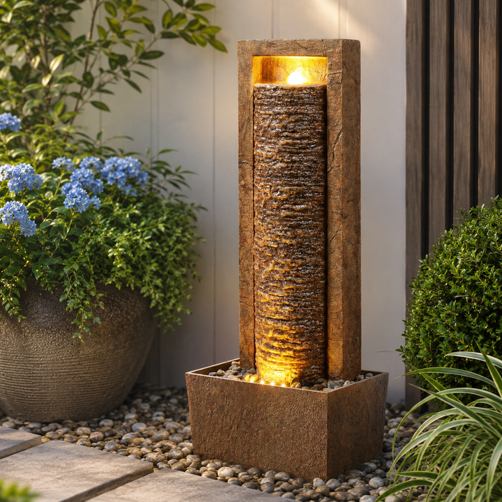 Teamson Home Framed Layered Rock Design Patio Water Fountain–Warm Glow Lighting with Steady Flow & Electric Pump, Brown